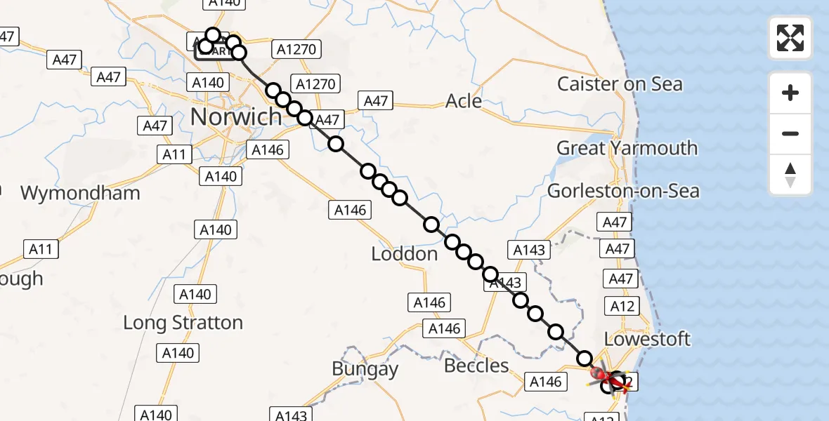 Flight route map: Air Ambulance Helicopter to Gisleham, Dale End