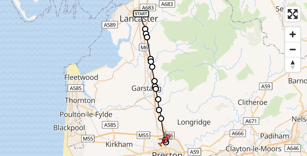 Routekaart van de vlucht: Air Ambulance Helicopter to Preston, Sharoe Green Lane