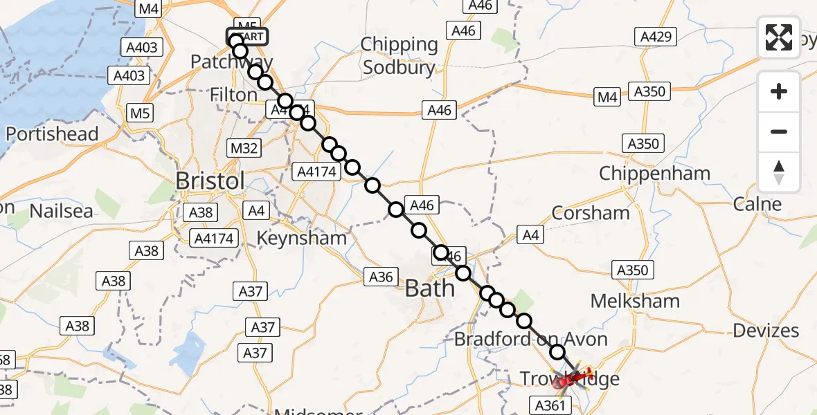 Flight route map: Air Ambulance Helicopter to Trowbridge, Heather Shaw