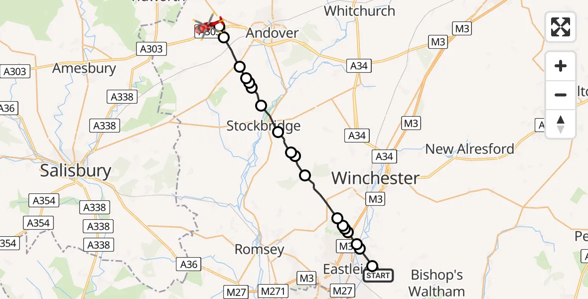 Flight route map: Air Ambulance Helicopter to Fyfield, Grange Close