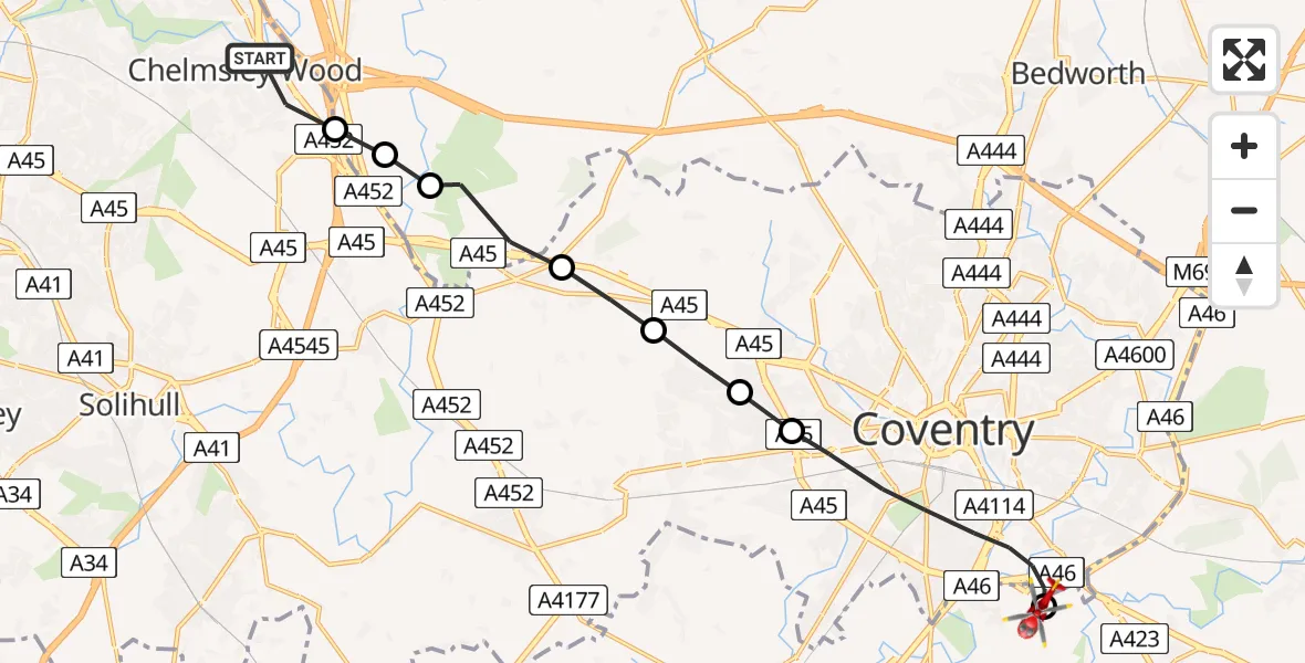 Routekaart van de vlucht: Air Ambulance Helicopter to Coventry Airport, Coventry Airport