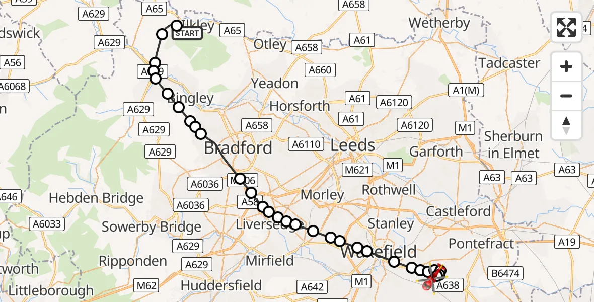 Routekaart van de vlucht: Air Ambulance Helicopter to YAA Nostell Helicopter Port, YAA Nostell Helicopter Port