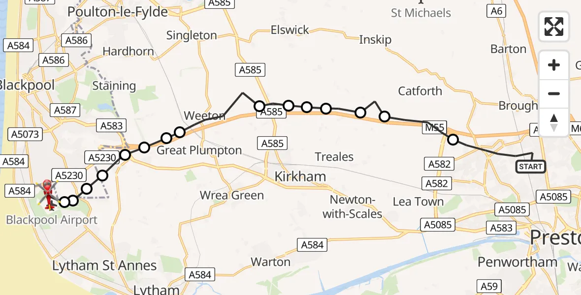 Flight route map: Air Ambulance Helicopter to Blackpool Airport, Blackpool Airport