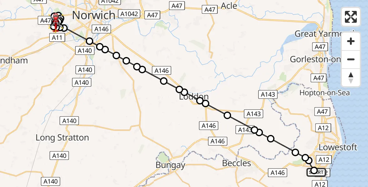 Routekaart van de vlucht: Air Ambulance Helicopter to Norfolk & Norwich Hospital, Norfolk & Norwich Hospital