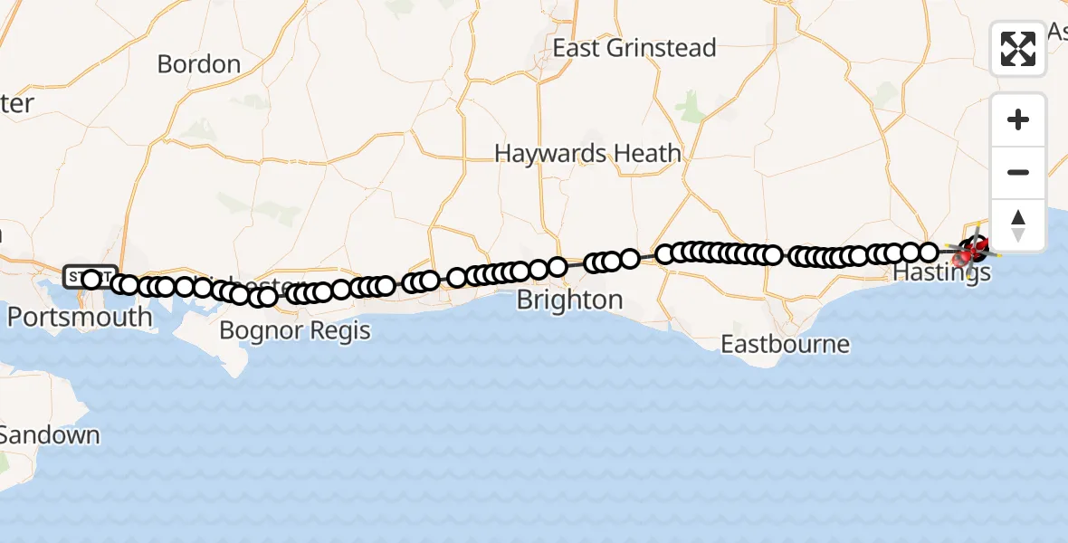 Flight route map: Air Ambulance Helicopter to Fairlight, Rosemary Lane