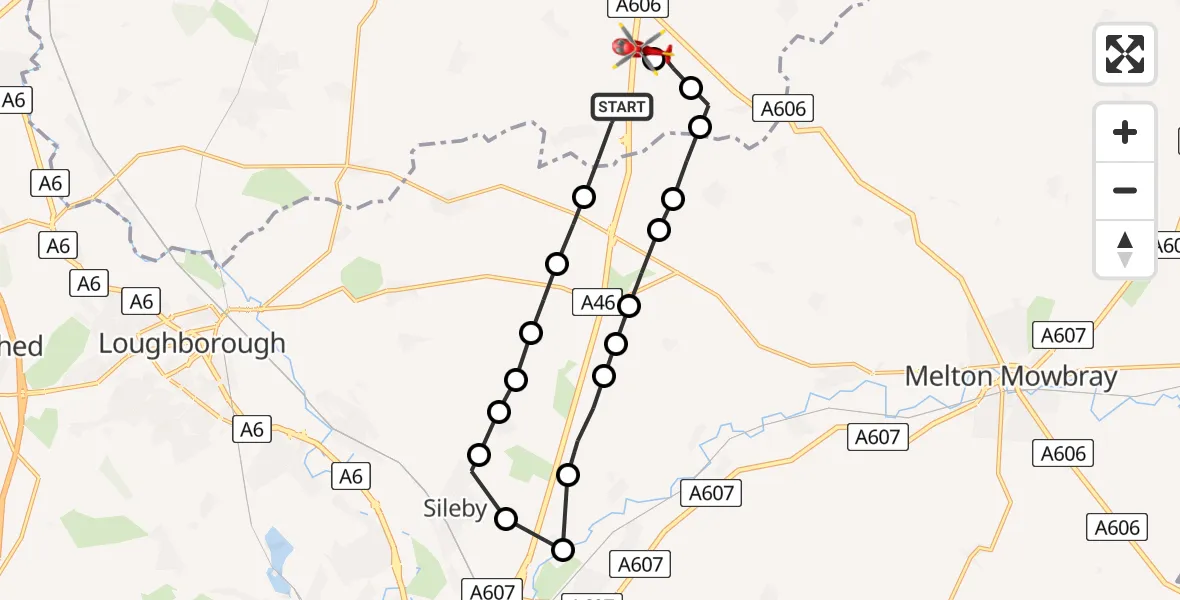 Flight route map: Air Ambulance Helicopter to Nottingham Heliport, Nottingham Heliport
