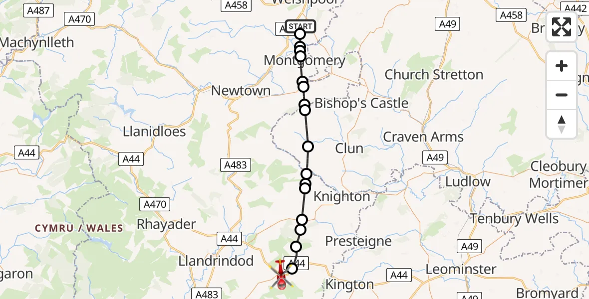 Routekaart van de vlucht: Air Ambulance Helicopter to Llanfiangel Nant Melan, A44