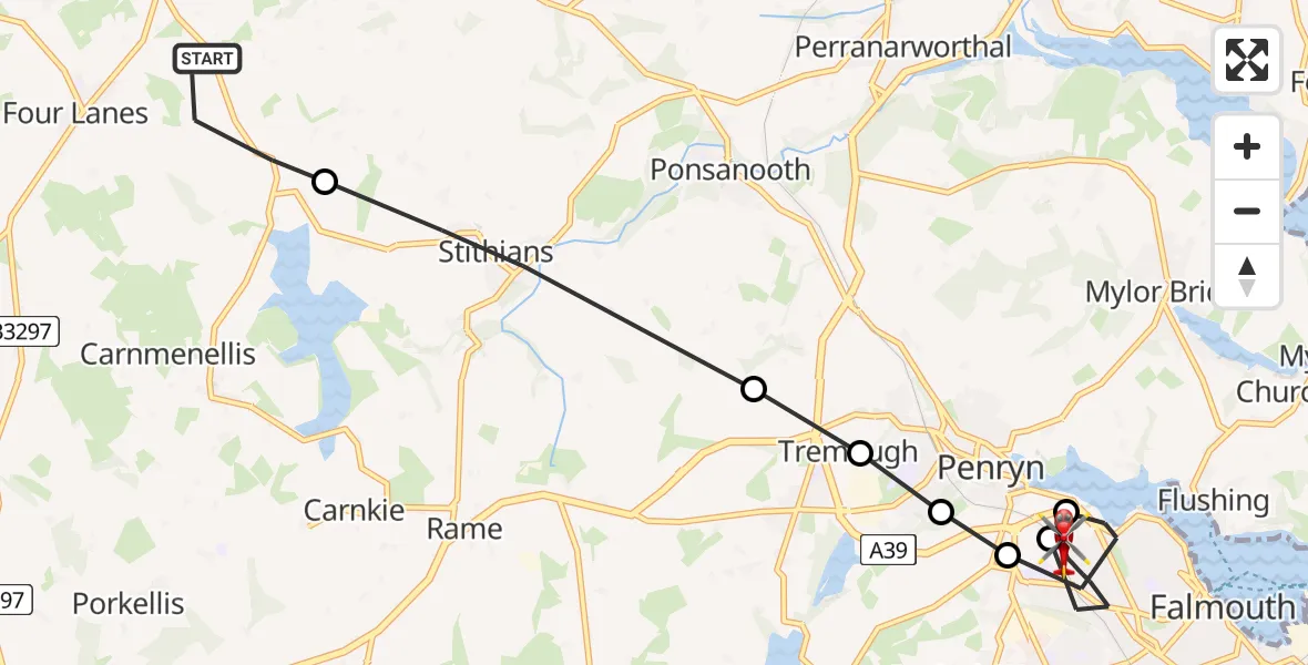 Routekaart van de vlucht: Air Ambulance Helicopter to Falmouth, Lambs Lane