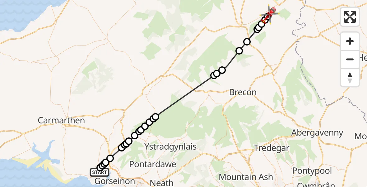 Routekaart van de vlucht: Air Ambulance Helicopter to Glascwm, Giants Grave Byway