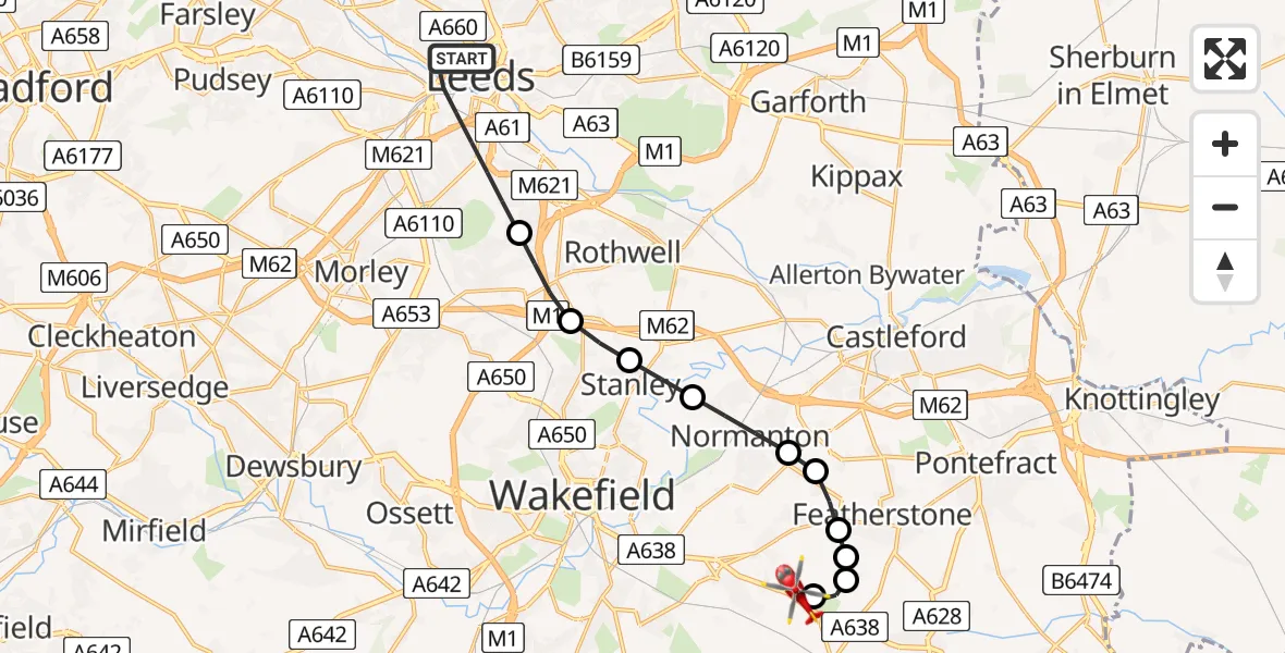 Flight route map: Air Ambulance Helicopter to YAA Nostell Helicopter Port, YAA Nostell Helicopter Port