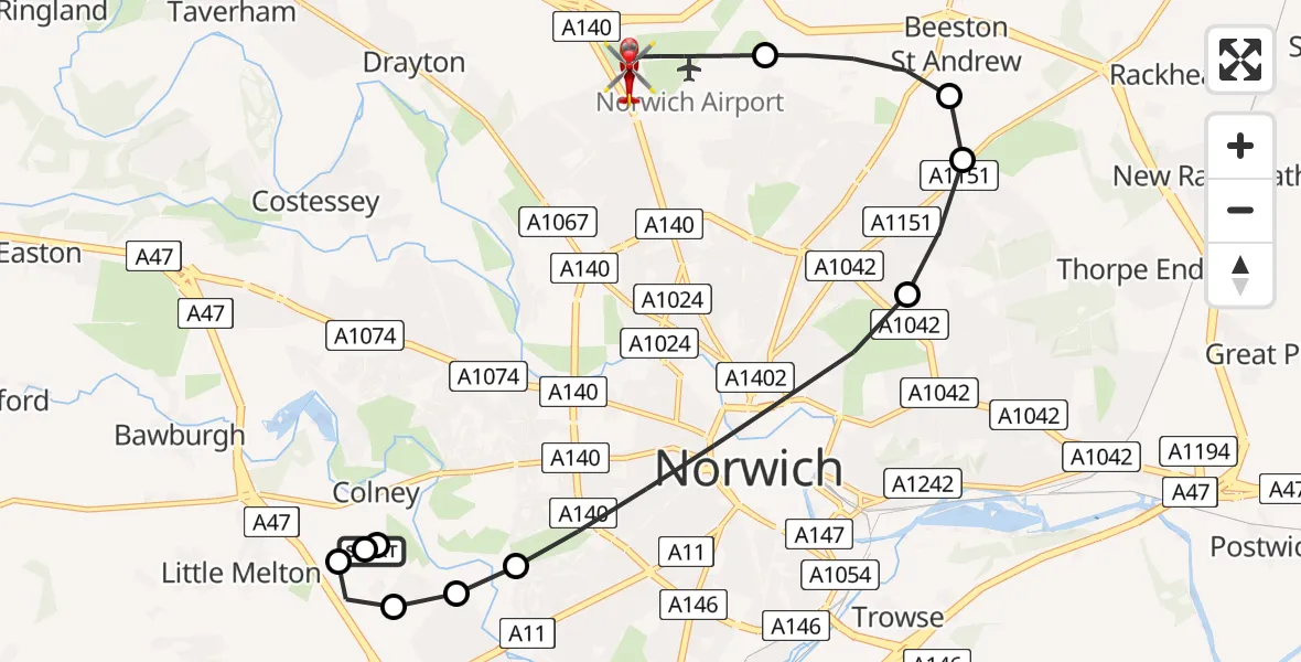 Flight route map: Air Ambulance Helicopter to Norwich Airport, Norwich Airport