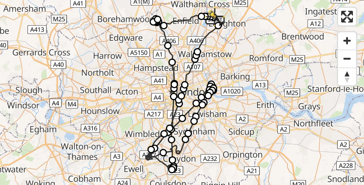 Flight route map: Police Helicopter to Sewardstonebury, Lippitts Hill