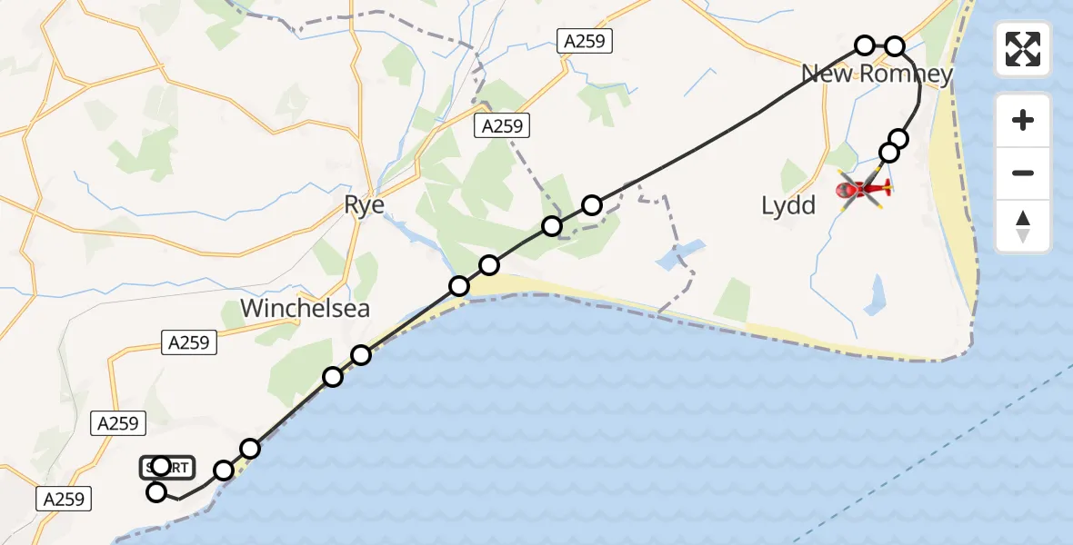 Flight route map: Air Ambulance Helicopter to Lydd London Ashford Airport, Lydd London Ashford Airport