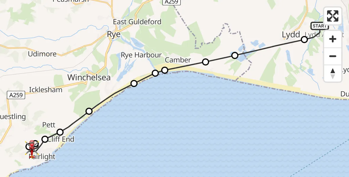 Routekaart van de vlucht: Air Ambulance Helicopter to Fairlight, Battery Hill