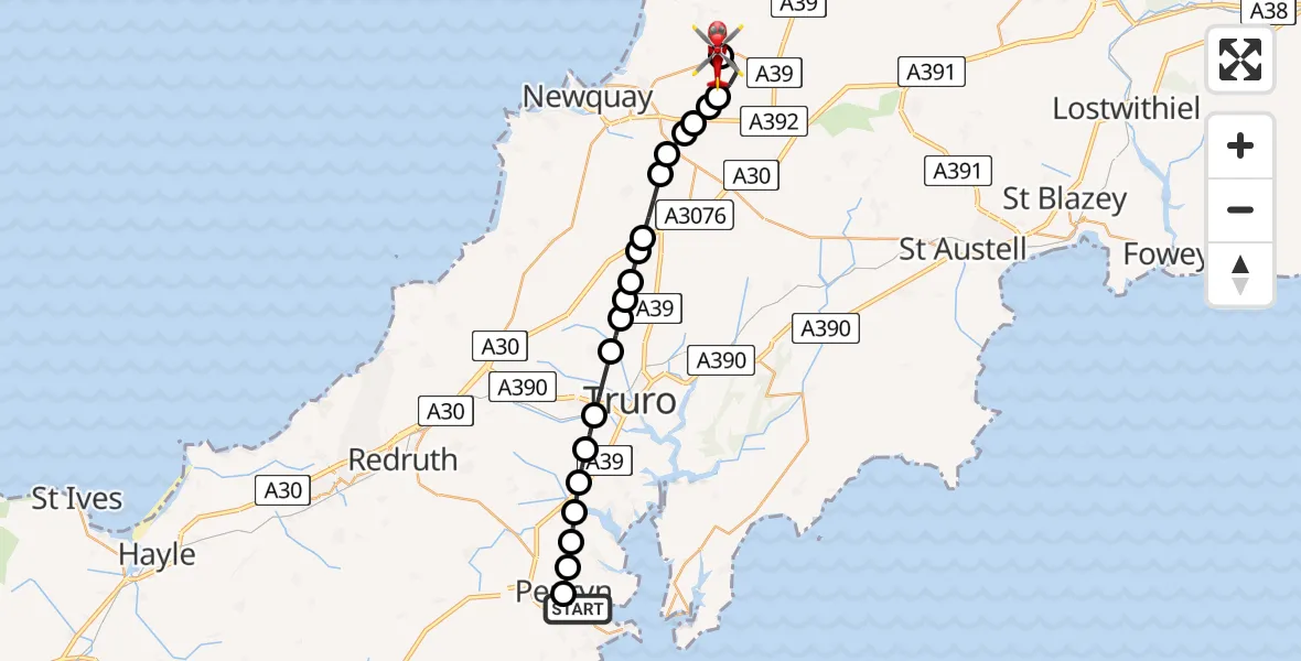 Routekaart van de vlucht: Air Ambulance Helicopter to Cornwall Airport Newquay, Cornwall Airport Newquay