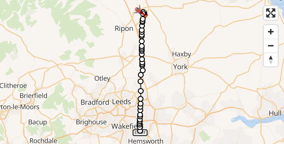 Flight route map: Air Ambulance Helicopter to RAF Topcliffe, RAF Topcliffe