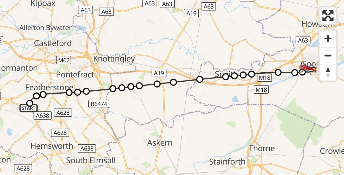 Flight route map: Air Ambulance Helicopter to Old Goole, Albert Street