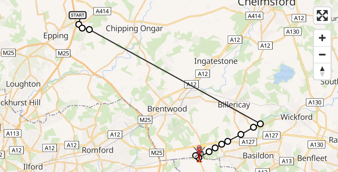 Flight route map: Air Ambulance Helicopter to West Horndon, Station Road