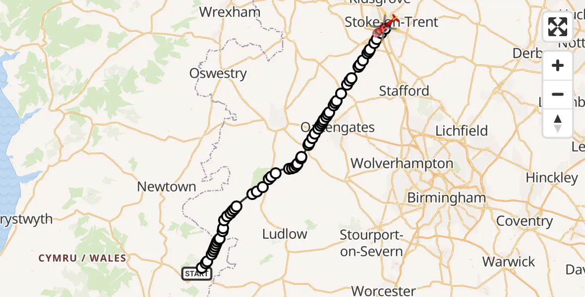 Flight route map: Air Ambulance Helicopter to University Hospital North Staffs, University Hospital North Staffs