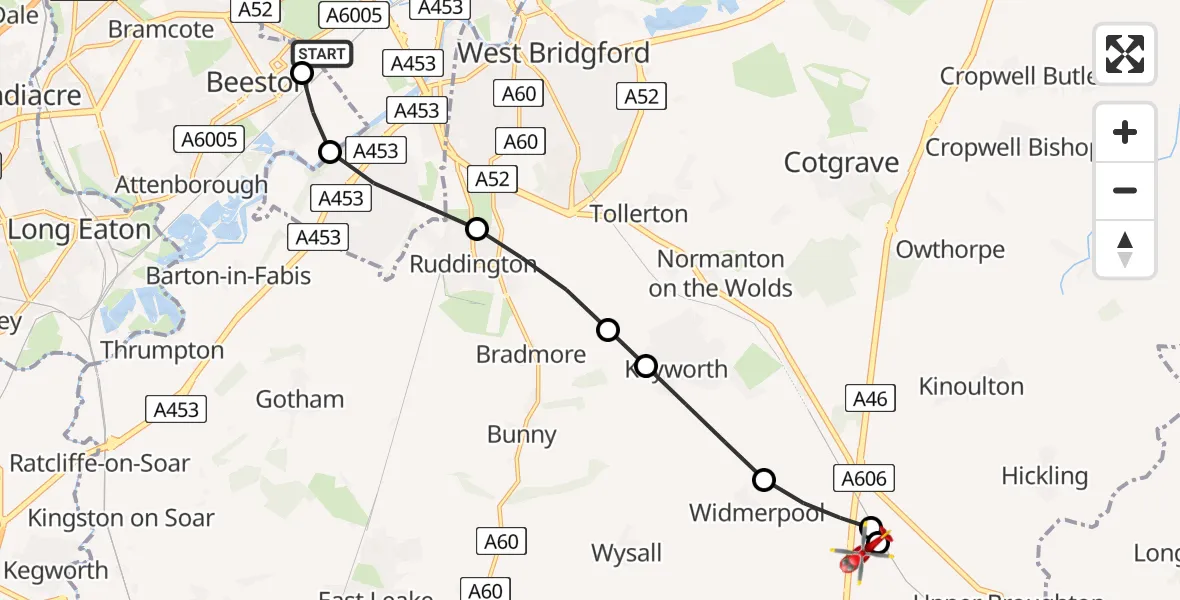 Flight route map: Air Ambulance Helicopter to Nottingham Heliport, Nottingham Heliport
