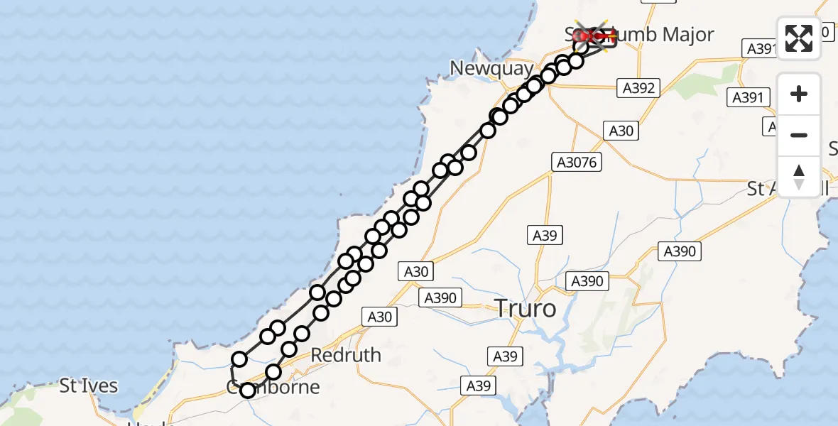 Flight route map: Air Ambulance Helicopter to Cornwall Airport Newquay, Cornwall Airport Newquay