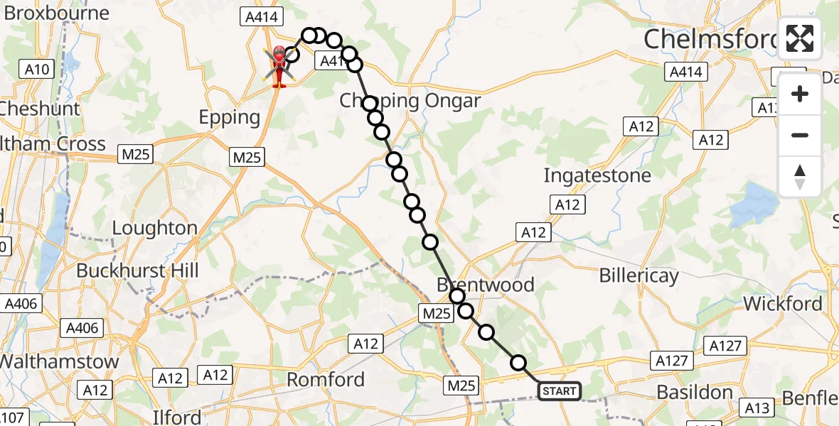 Routekaart van de vlucht: Air Ambulance Helicopter to North Weald Airfield, North Weald Airfield