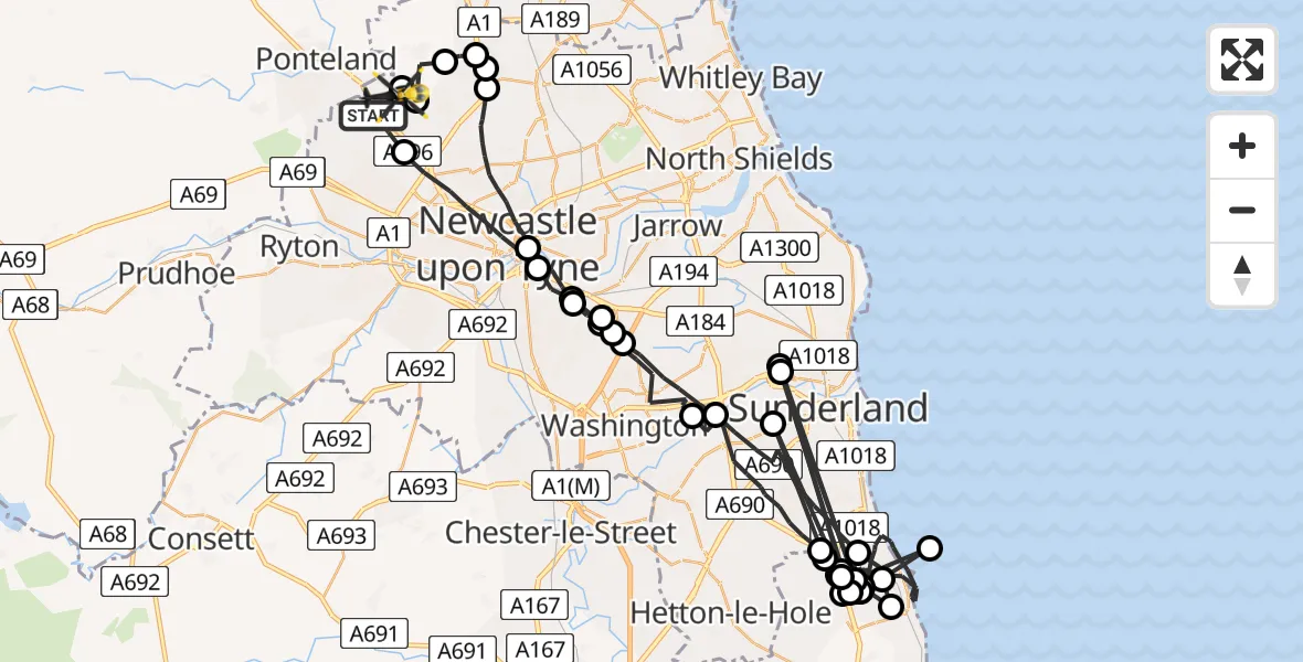 Flight route map: Police Helicopter to Newcastle International Airport, Newcastle International Airport