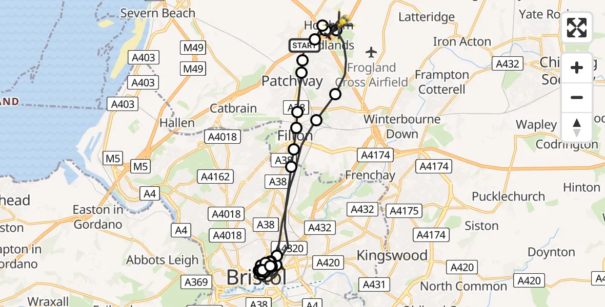 Flight route map: Police Helicopter to Hortham, Hortham Lane