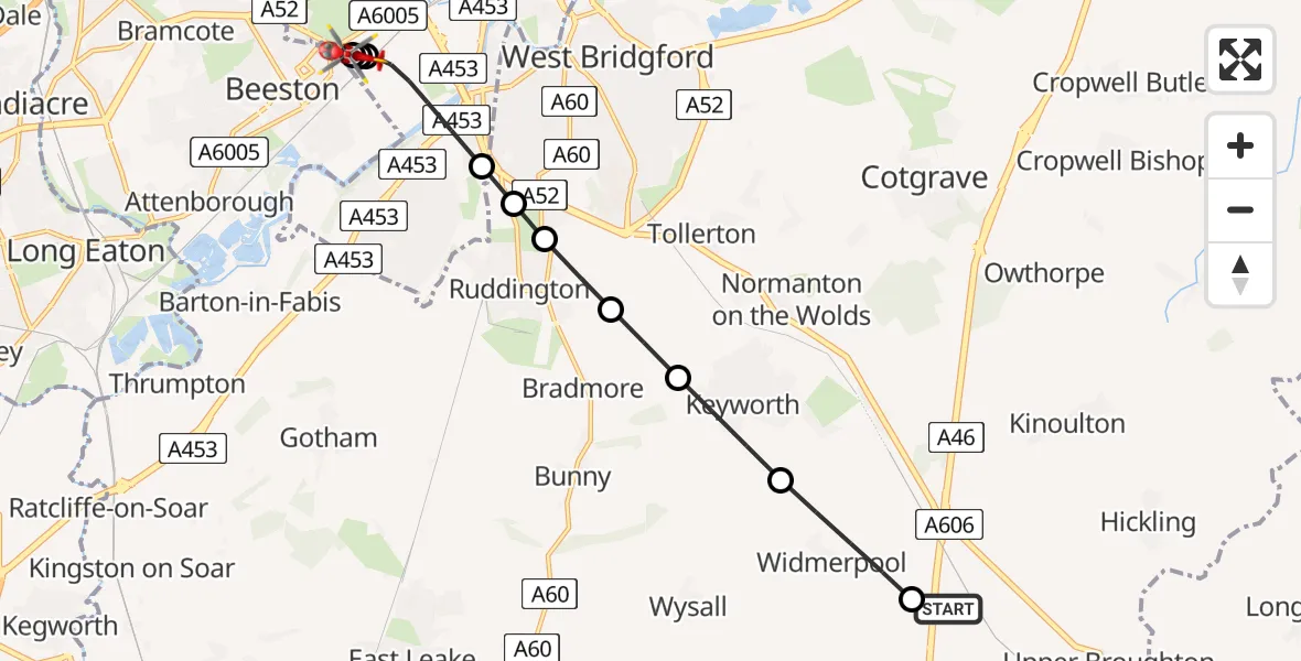 Flight route map: Air Ambulance Helicopter to Beeston, Autumn Way