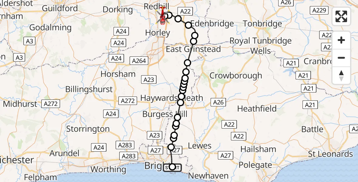Flight route map: Air Ambulance Helicopter to Redhill Aerodrome, Redhill Aerodrome