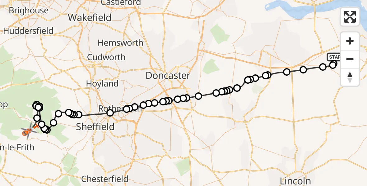 Flight route map: Coastguard Helicopter to Hope, Edale Road