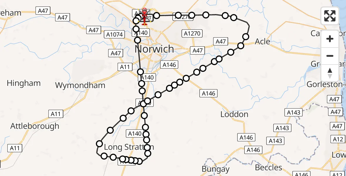 Flight route map: Air Ambulance Helicopter to Norwich Airport, Norwich Airport