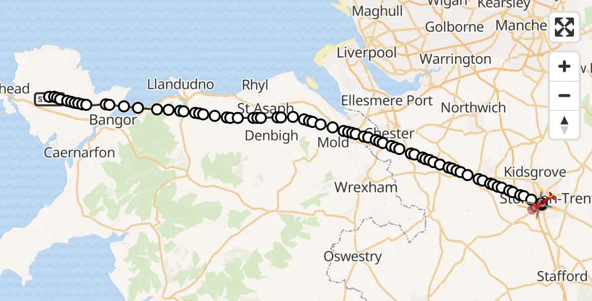 Routekaart van de vlucht: Air Ambulance Helicopter to University Hospital North Staffs, University Hospital North Staffs
