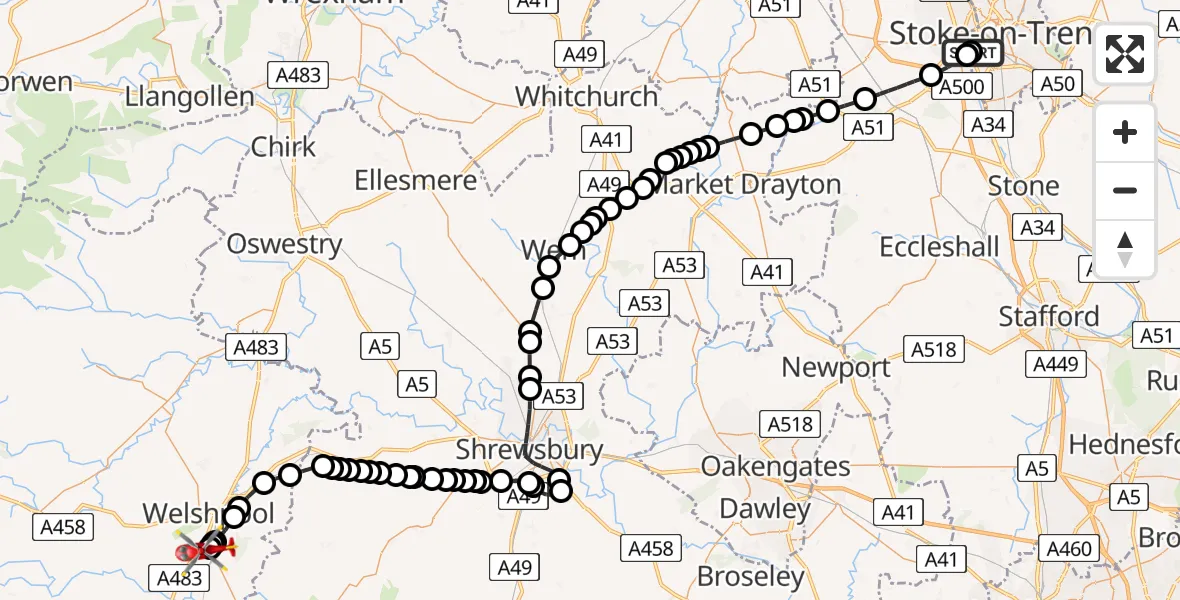 Flight route map: Air Ambulance Helicopter to Welshpool Airport, Welshpool Airport