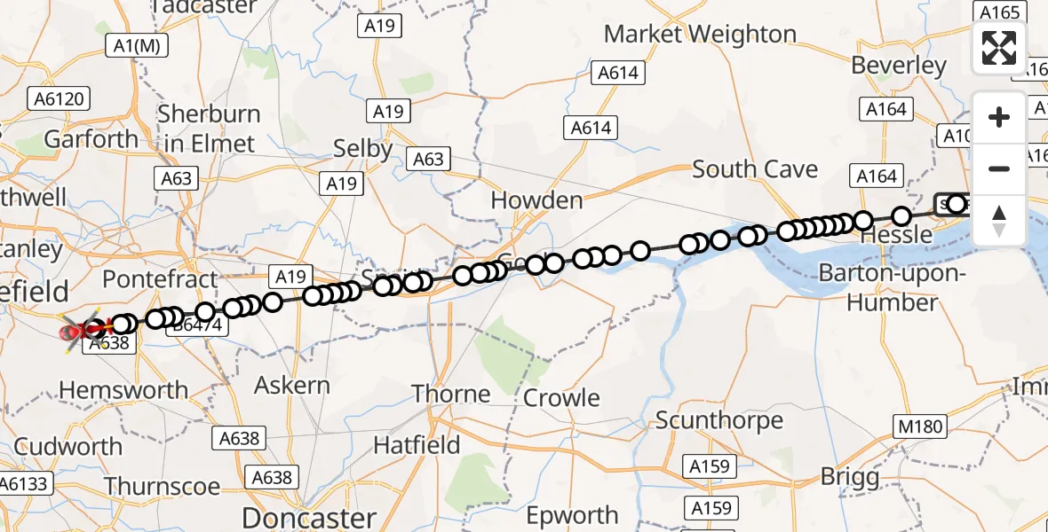 Flight route map: Air Ambulance Helicopter to YAA Nostell Helicopter Port, YAA Nostell Helicopter Port