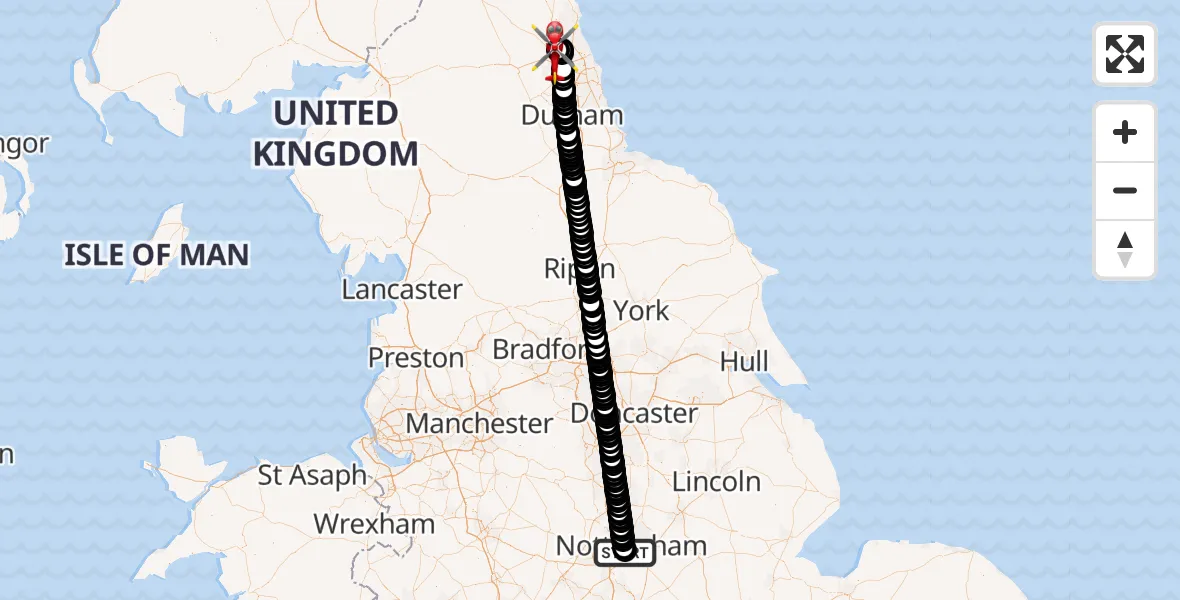 Flight route map: Air Ambulance Helicopter to Newcastle International Airport, Newcastle International Airport