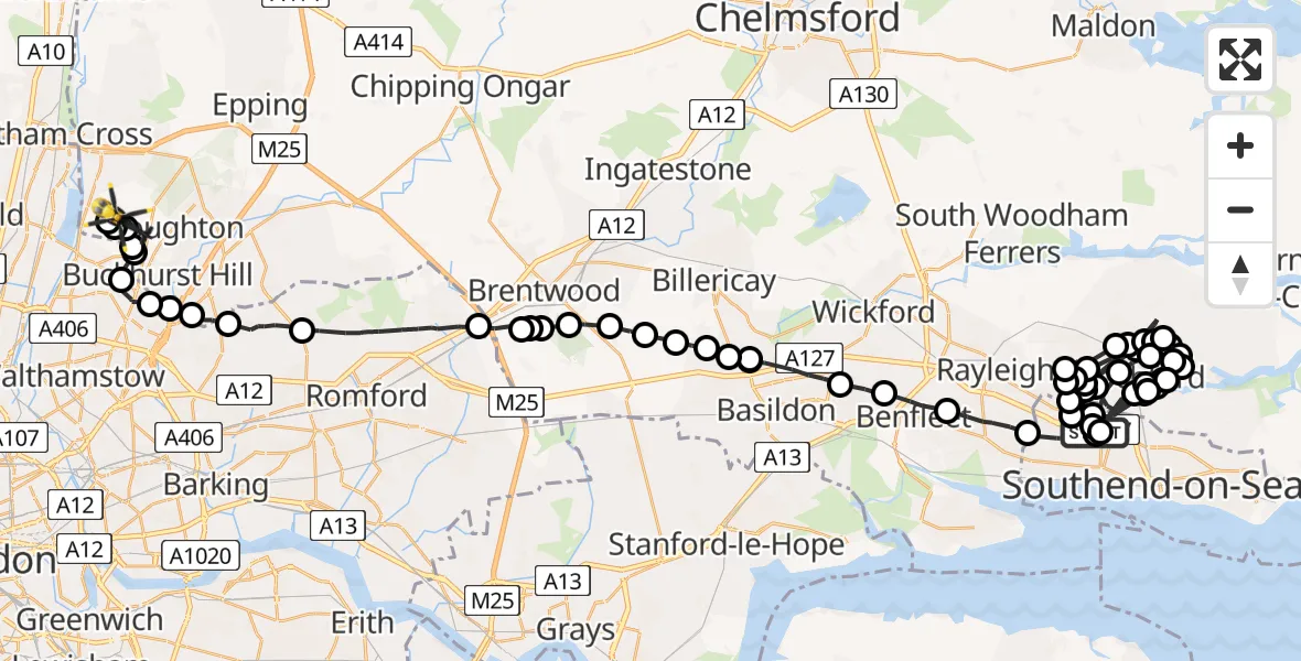 Routekaart van de vlucht: Police Helicopter to Sewardstonebury, Bury Road