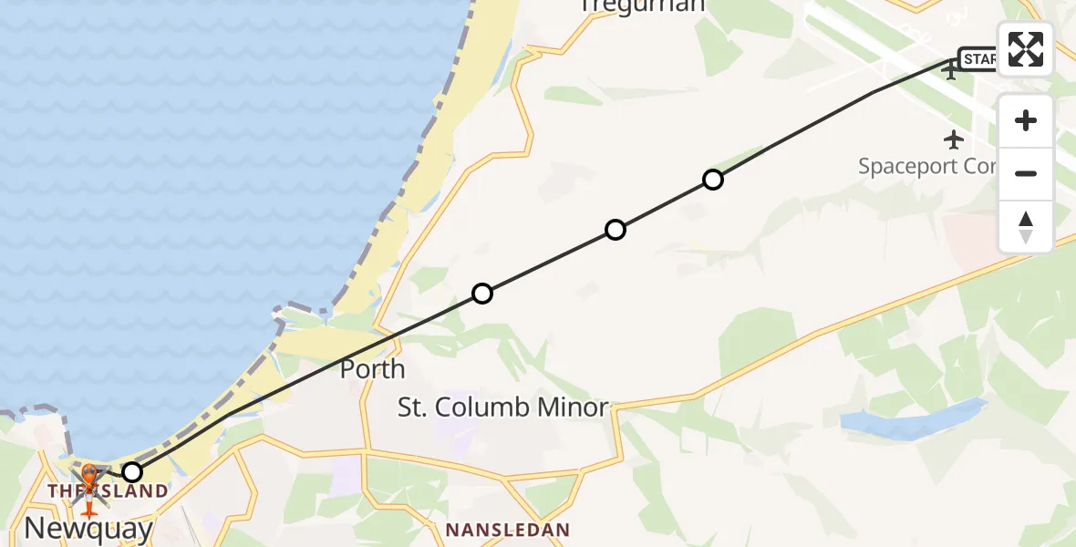 Flight route map: Coastguard Helicopter to Newquay, Beach Road