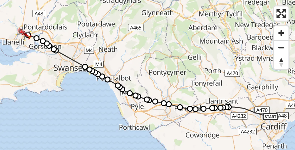 Flight route map: Air Ambulance Helicopter to Dafen, Heol Aur