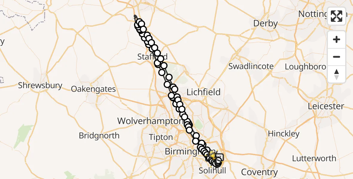 Flight route map: Police Helicopter to Solihull, Irving Road