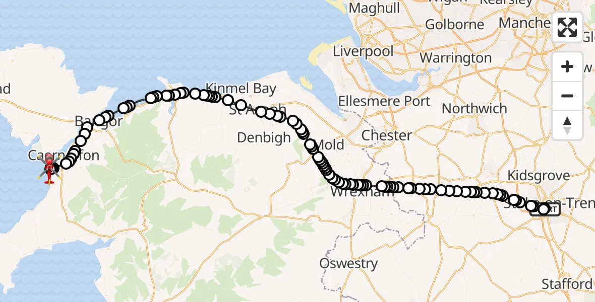 Flight route map: Air Ambulance Helicopter to Caernarfon Airport, Caernarfon Airport