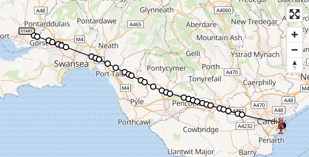 Flight route map: Air Ambulance Helicopter to Cardiff Heliport, Cardiff Heliport