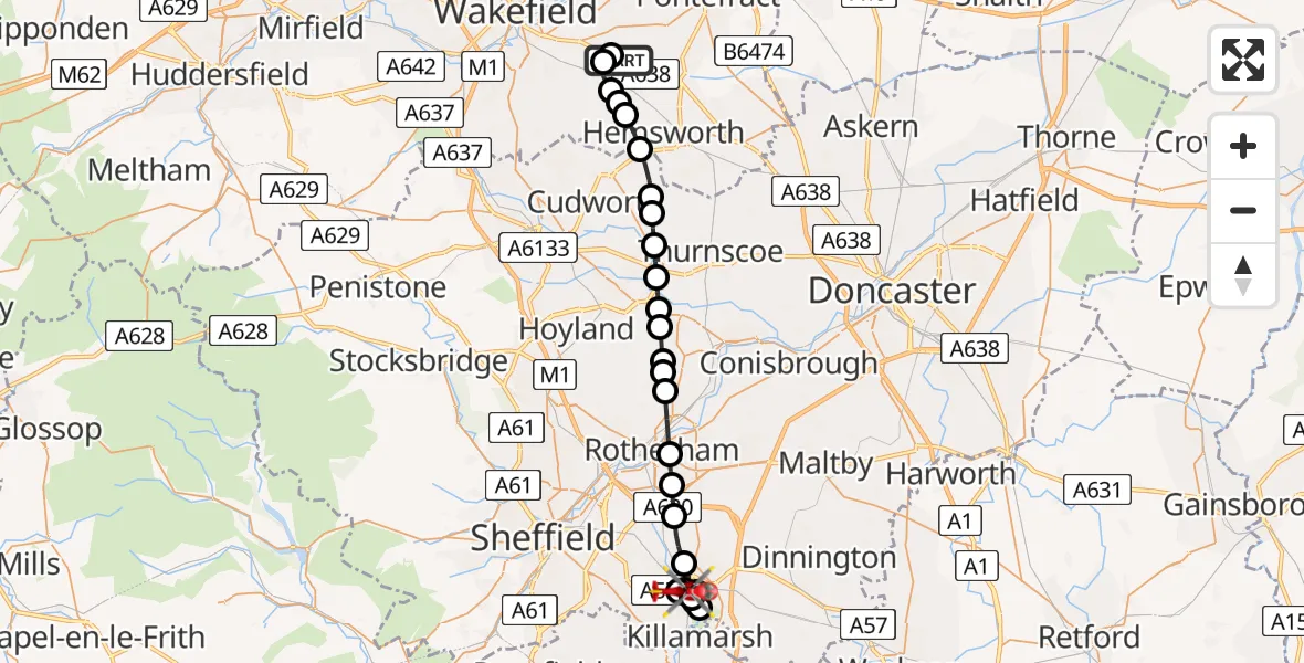 Flight route map: Air Ambulance Helicopter to Sheffield, High Street