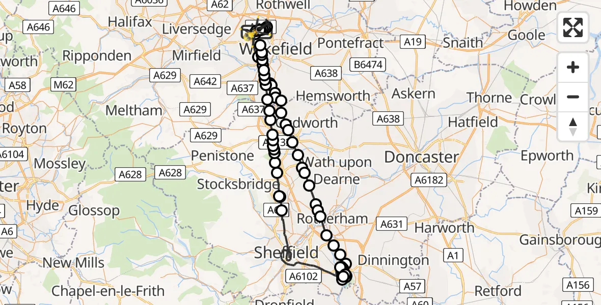 Flight path map showing Police Helicopter route from East Ardsley to East Ardsley