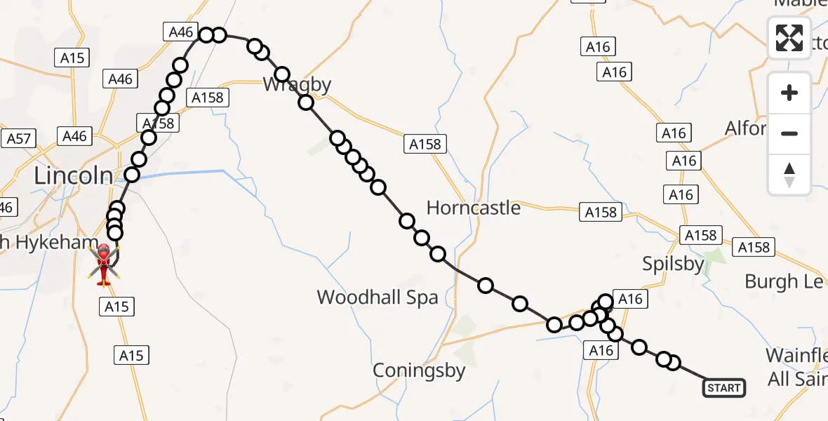 Routekaart van de vlucht: Air Ambulance Helicopter to North Kesteven, Sleaford Road
