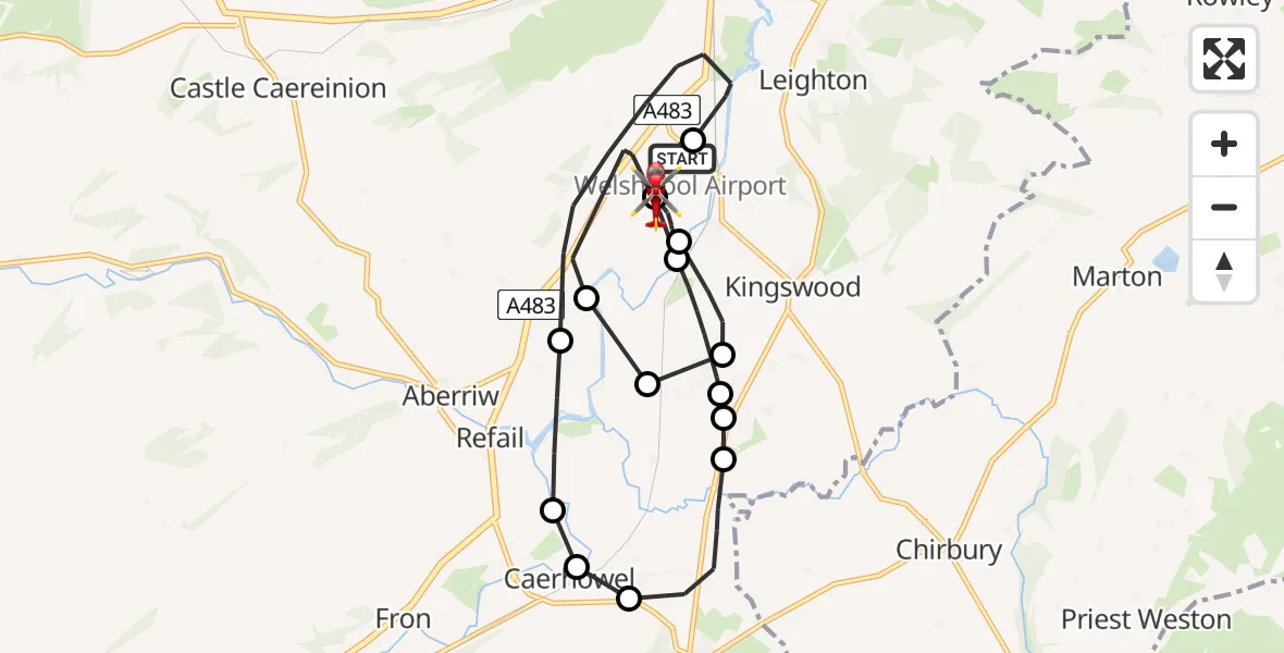 Flight route map: Air Ambulance Helicopter to Welshpool Airport, Welshpool Airport