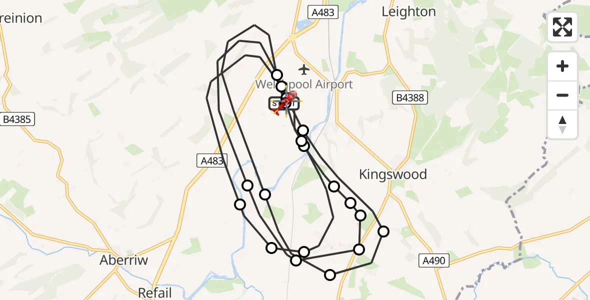 Flight route map: Air Ambulance Helicopter to Welshpool Airport, Welshpool Airport