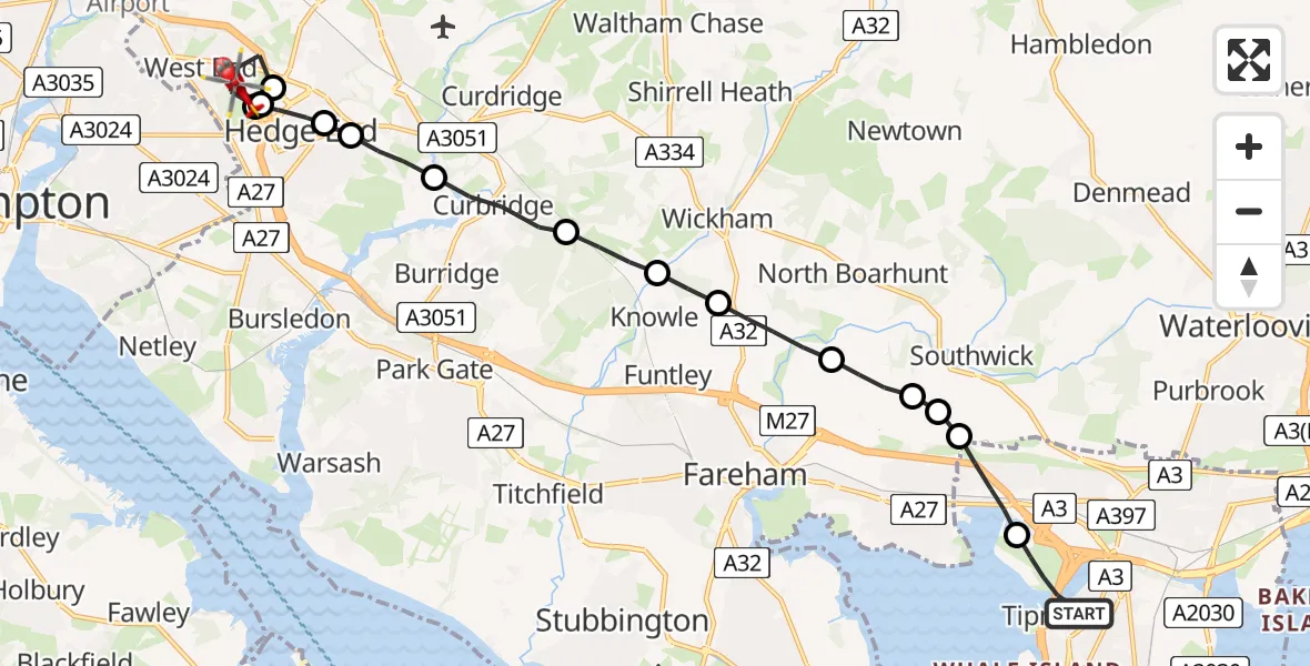 Flight route map: Air Ambulance Helicopter to West End, Marshall Drive