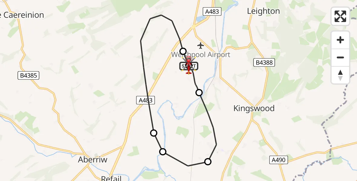 Flight route map: Air Ambulance Helicopter to Welshpool Airport, Welshpool Airport