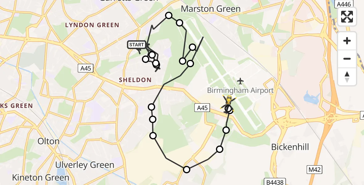 Flight route map: Police Helicopter to Birmingham Airport, Birmingham Airport